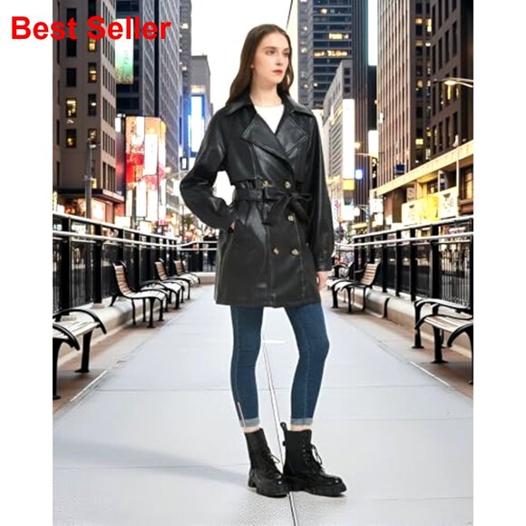 Faux Leather Trench Coat with Belt, Double Breasted, Mid Length - Picture 3 of 7